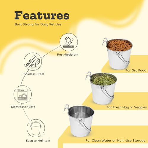 2 Quart Stainless Steel Flat Sided Bucket with Dual Hooks | 4 Pcs Durable Food & Water Bowl for Dog Cats Bird & Small Animals | Fits kennel Cage Crates Hanging Pet Pail | Multipurpose use - size: 2 Quart (Pack of 4)