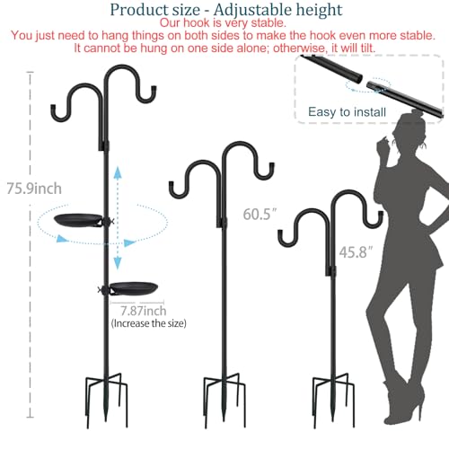 Upgraded 74" Double Shepherds Hooks，Outdoor Bird Feeder，Hanging Plants，Wind Chime Hanger, Waterproof Metal & Adjustable-Height Pole Holder for Lantern ，Hummingbird Feeder，Wreath （2 Placement Racks)