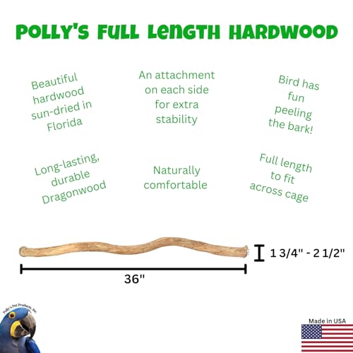 Polly's Full Length Hardwood Cage Perch for Parakeets, Cockatiels, Cockatoos, Macaws, and Other Birds (36") - size: 36"