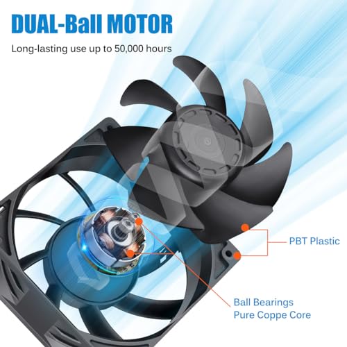 GDSTIME 120mm x 38mm 12V DC Waterproof IP67 Fan High CFM Dual Ball 2Pin | for RV Fridge, Power Station, DIY Cooling Ventilation Exhaust Projects - size: 120x38mm
