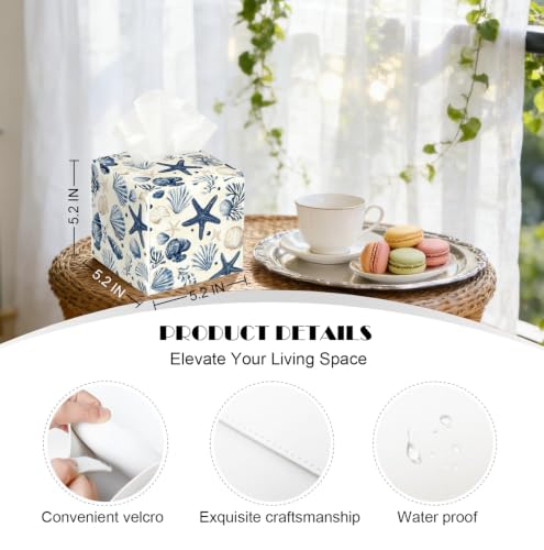 Watercolor Seashell Starfish Tissue Holder,Coastal Decor Gift | 5.2Inch Classic Coastal Nautical PU Tissue Box Cover,Decor Fits Bathroom,Bedroom,Beach House&Apartment,Coastal Holiday Gift - color: White Decoration Theme-12