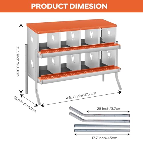Garvee Chicken Nesting Box, 8 Compartments Nesting Box for Chickens, Galvanized Steel Chicken Laying Box for Easy Egg Collection, Wall Mounting - color: Orange | 8 Compartments+legs