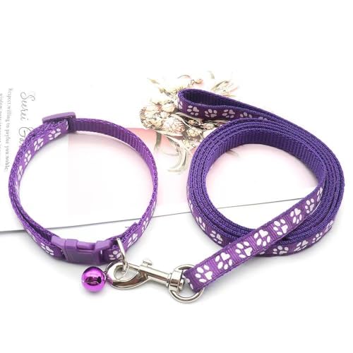 Puppy Dog Collar with Bell Leash Set,Cat Kitten Collars Dark Purple XXS,XS | Paw Print Reflective Dog Collar Leash Set with Bell, Basic Nylon Boy Girls Pet Collar Adjustable For XXS XS S Tiny Puppies - color: dark purple