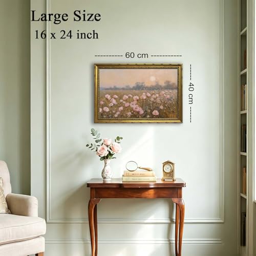 DR.RiftArt Vintage Flower Pink Landscape Wall Art Floral Wall Decor | Pastel Wildflower Rustic Farmhouse Canvas Picture Painting Print for Bedroom Living Room Office 16x24 inch Gold Framed - color: Pink Wildflower, size: 24"L x 16"W