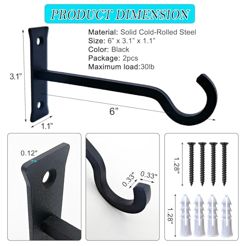 6inch Metal Plant Hangers, Heavy Duty, Black, 2 Pack | Rust-proof | Max 35lb Load | Shepherd Hooks | Hanging Bird Feeder, Lantern, Flower Basket, Outdoor Indoor, Screws & Anchors - color: Black, size: 6in Steel Heavy Duty
