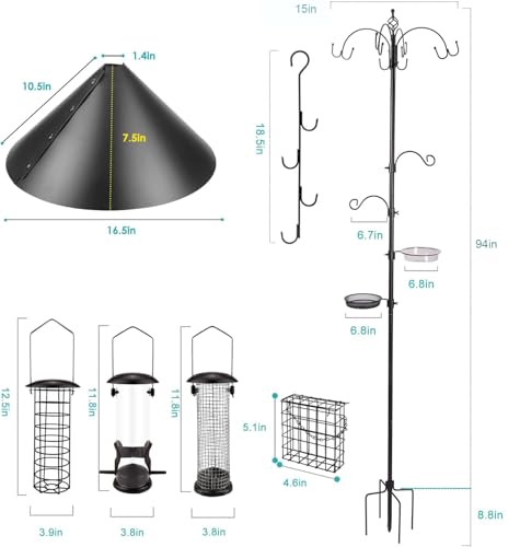 Bird Feeding Station Kit Bird Feeder Pole Wild Bird Feeder Kit with Squirrel Baffle and Suet Cage Mesh Tray Fruit Hook Double W Hook for Attracting Wild Birds - size: 15" L x 15" W x94" H