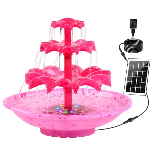 Yeomi Red 3-Tier Solar Fountain Pump with LED Lights, 24H Outdoor Water Feature, Detachable Design, Multi-Function Bird Bath Fountain for Garden Patio Yard Backyard Pond, 3.5W - color: Red