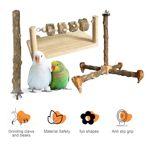3ps Rotating Bird Perches Made of Wood with 1ps Chewable Perch, and 1ps Standing Pole Bird Perchs Stand Toy, Bird Stand Toy 360° Rotatable Parrot Exercise Standing Perch for Parakeets, Budgies D - color: D