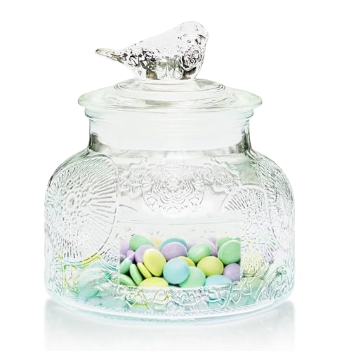 Decorative Flora Embossed Glass Jar with Glass Bird Lid, 25.4 fl. oz | Wide mouth vintage storage canister, kitchen pantry bathroom organization, coffee sugar tea cookie candy candle vase gift - size: 25.4 Ounces, style: Clear Flower - Bird Lid