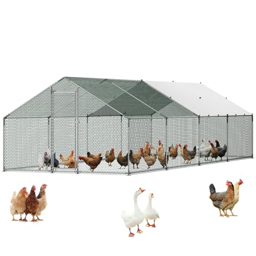 VEVOR Large Metal Chicken Coop with Run, 9.8x26.5x6.5 ft Walk-in Chicken Runs for Yard with Cover, Spire Roof Hen House with Security Lock for Outdoor and Backyard, Farm, Duck Rabbit Cage Poultry Pen - size: 314.9"L x 118.1"W x 78.7"H