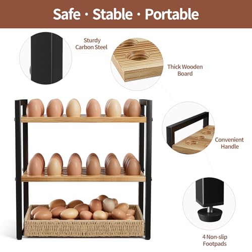 Nuovoware Wooden Egg Holder Countertop, 3-Tier Egg Basket | For 48+60 Eggs, Carry Handle Gathering 100+, Kitchen Storage Home Farmhouse Decor