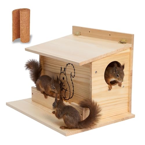 Squirrel House, Squirrel Box, Squirrel Houses for Outside, Squirrel Boxes with Front Feeder, Nesting Box, Wooden Houses with Predator Guard Design for Squirrels, Chipmunk and Small Animals
