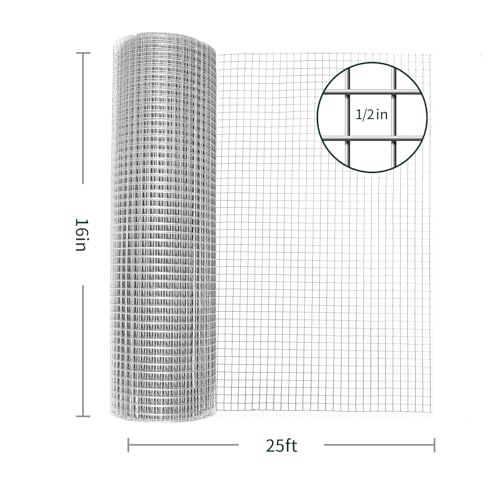 Hardware Cloth 1/2 inch,16inx25ft Chicken Wire Fence,19 GA Wire Mesh | Double-layer hot-dip galvanized Mesh for Poultry Netting, Garden Fencing, Tree Guard Rolls and Rabbit Cages Snake Fence - size: 1/2inch 16inx25ft