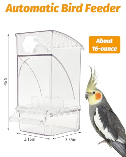 BNOSDM No Mess Bird Feeder Transparent Bird Food Container Automatic Parrot Feeder with Perch Parakeet Cage Accessories for Budgies, Canaries, Cockatoos, Finch and Lovebirds - color: Transparent
