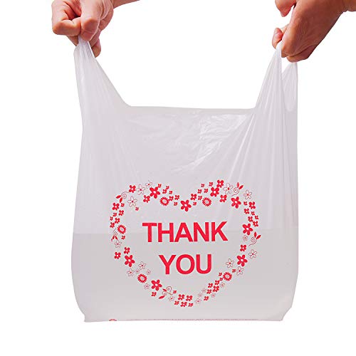 LazyMe Thank You Plastic Bags with Handles, T Shirt Bags 12x20 Inch, 100 Ct | Includes 50 Red Print and 50 Green Print Thank You Bags, Plastic Grocery Bags for Small Business and Retail Stores - color: white