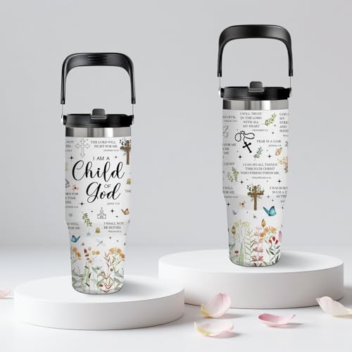 Christian Tumbler with Handle 30oz - Stainless Steel Insulated Travel Mug, Bible Verse & Floral Design, Inspirational Gift for Women, Mom, Daughter - Jesus Scripture Cup for Church,Christmas, Birthday - color: God2