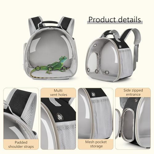 Bearded Dragon Carrier Backpack with Security Printing Harness Leash Set, Reptile Lizard Space Capsule Astronaut Clear Bubble Window Travel Carrier for Small Animal Guinea Pig(Black, Security Harness) - color: Black