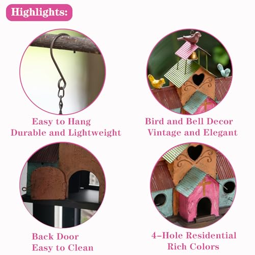 Large Bird Houses for Outside Hanging, 4 Hole Outdoor Bird House with Bell, Easy Clear, Colorful Metal Bird Houses for Outside. - style: Colorful 1