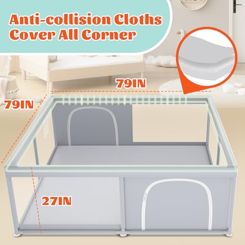 XVISHX Baby Playpen, 79''x79'' Extra Large Playpen for Babies and Toddlers, Baby Fence Play Pen for Indoor & Outdoor, with Soft Breathable Mesh Grey - size: 79 × 79 Inch