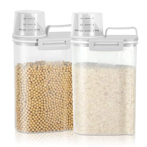 TBMax Rice Storage Container 2 Pack, Plastic Kitchen Pantry Food Storage Container with Cup, Small Pet Dog Cat Food Container Dispenser - color: Light grey & Light grey