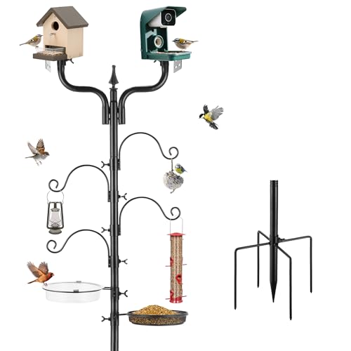 Upgraded Bird House Pole Heavy Duty Bird Feeder Pole Thickened Pole with 4 Hooks,Wind-Resistant Water Bowl,Mesh Tray,Y-Shape Platform Bird House Frame for Yard Garden Backyard(Not Include Birdhouse) - size: Without Baffle
