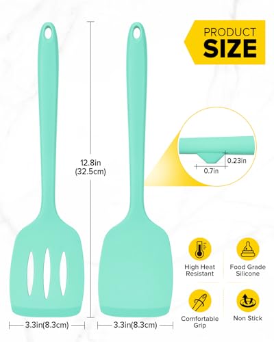 Pack of 2 Silicone Spatula Turners, Non Stick Slotted Kitchen Spatula Set, Heat Resistant BPA Free Kitchen Utensils, One-Piece Design, Suitable for Flipping Fish, Eggs, Steak, Pancakes (GREEN) - color: Green