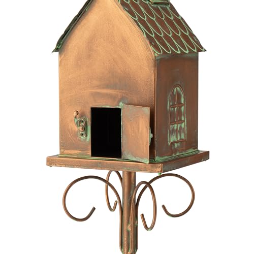 Glitzhome Bird House for Outdoors, 53.00" H Farmhouse Faux Copper Distressed Metal Bird House Church Birdhouse Decorative Garden Birdhouse with Stake