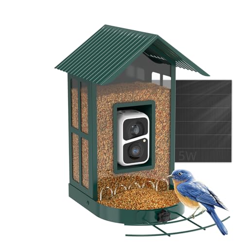 Soliom- Bird Feeder with Camera, 5W Solar Powered, AI Identify Species, Smart Wild Bird Watching, 2K Live View, Instant Arrival Alerts,Large 2.7L Seed Capacity, Metal Squirrel Chew-Proof - BF08 Green - color: Green Large