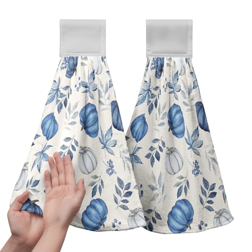 Fall Blue Pumpkin Kitchen Towels with Hanging Loop Autumn Thanksgiving Hanging Hand Towels Seasonal Eucalyptus Maple Leaf Dish Tie Towel Soft Absorbent Fingertip Bath Towel Set of 2 - color: Fall Pumpkin Leaves Blue