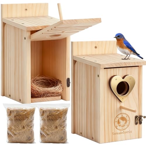 2PC Cedar Bluebird Houses for Outside with Nesting Material | Bird House Outdoor With Copper Guard, Predator Proof Bluebird Houses, Kits for Adults & Kids with Perch & Nesting Material