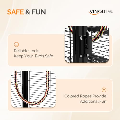 VINGLI Small Bird Cage, 19 inch Travel Carrier Bird Cage with Handle, Wrought Iron Parakeet Cage with Wooden Perch for Parrot Lovebirds Finches Small/Medium Birds (Matte Black) - color: Matte Black