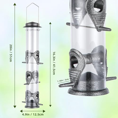 1PK Metal Bird Feeders with 6 Feeding Ports,Tube Bird Feeder with Steel Hanger,Hard Plastic Wild Bird Feeder for Outdoors Hanging, Attracting Birds in Your Lawn, Garden, Balcony-Grey - color: Grey 1 PACK