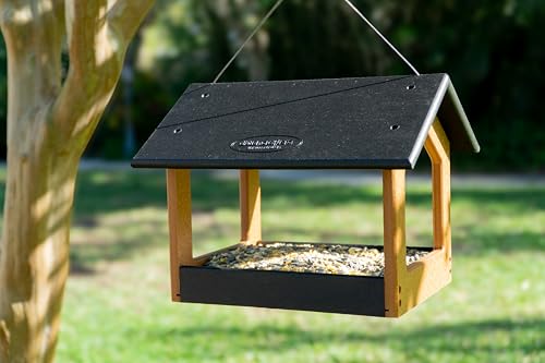 DutchCrafters Amish USA Made Recycled Plastic Large Hanging Modern Fly Through Covered Roof Open Platform Tray Bird Feeder for Outdoors, Garden, Yard (Black & Bright Cedar) - color: Black & Bright Cedar