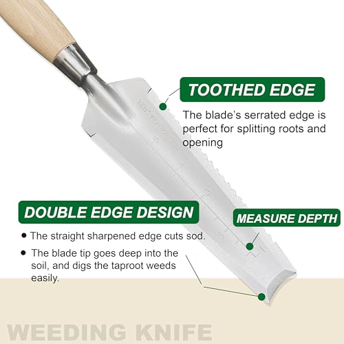 SUMIO 13.3" Alloy Steel Weeding Transplanter, Hori Hori Knife, Digging Trowel with Serrated Edge, Garden Root Cutter, and Dandelion Trowel for Propagation and Transplanting
