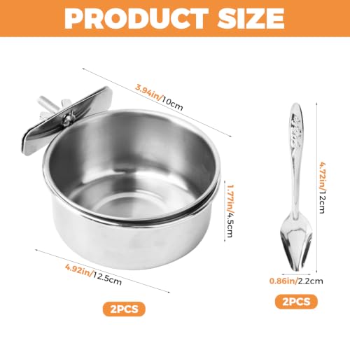 2 Pack Stainless Steel Bird Feeding Bowls, Parrot Food Water Dishes with Clamp Holder, Bird Feeding Cups for Cockatiel Budgie Parakeet Conure and Small Animals, 2 Feeding Spoons Included