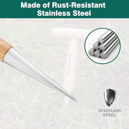 Berry&Bird Hand Dibber, Stainless Steel Seed Planter Tool Bulb Planter Tool | Sow Dibbler with Wood Handle, Garden Hole Punch Dibber Tool for Planting Seeds & Bulbs, Flowers Tulips Daffodils Dahlias - size: 4.8''