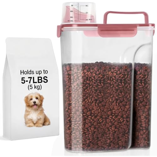LEAWALK 5-7Lbs/6Qt Dog Cat Storage Container Portable with Upgraded Large Spout and Cup, Plastic Pet Food Dispenser for Small Animal Kibble, Bird Seed, Oatmeal, Rice, Flour, Brown Sugart- Clear pink - color: Clear Pink, size: 5L-1pack