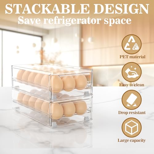 Stackable Fridge Egg storage, Clear 36 Egg Holder with Non-Slip Feet | Double stackable design holds total 36 eggs, greatly expand refrigerator storage capacity