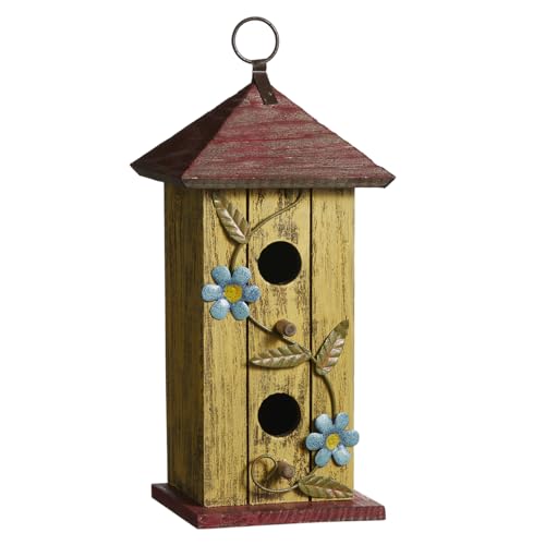 Glitzhome Bird houses for Outside,11.75"H Hand Painted Distressed Wooden Decorative Hanging Bird House for Outdoor Garden Birdhouse with 3D Metal Flower for Swallow Sparrow Hummingbird Finch Cardinals - color: 11.75"H