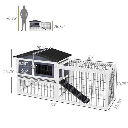 PawHut 2 Levels Outdoor Rabbit Hutch Openable Top for Rabbits 59" Dark Gray | Wooden Large Rabbit Cage with Run, Weatherproof Roof, Removable Tray, Ramp, for Chickens, Ducks - color: Dark Grey