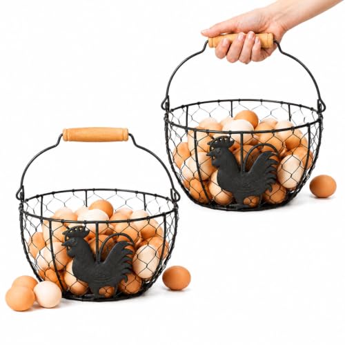 2 Pcs Metal Wire Egg Basket, Round Iron Canasta para Huevos with Wooden Handle, Sturdy Small Egg Basket for Gathering Fresh Eggs, Storing Fruit, Vegetables. Ideal for Farmhouse Kitchen Storage