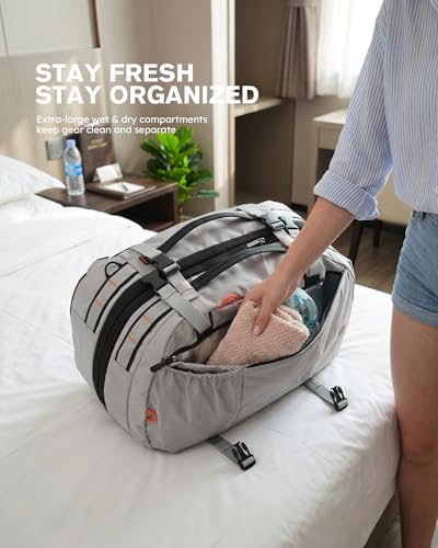 Tolaccea Travel Backpack 40-50L, 16" Laptop Carry On Duffle for Travel Work | 40-50L Expandable, TSA Approved 180° Open, 3L Wet-Dry Pocket, RPET Fabric, 3-in-1 Convertible Carrying, Detachable Waist Belt - color: Light Gray