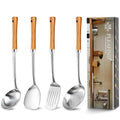 Pleafind 4-Pcs Cooking Utensils Set, Stainless Steel Kitchen Utensils with Wooden Handle, Kitchen Essentials Set Include Wok Ladle, Slotted Spoon, Wok Spatula and Slotted Spatula, Dishwasher Safe - color: 4P-Yellow