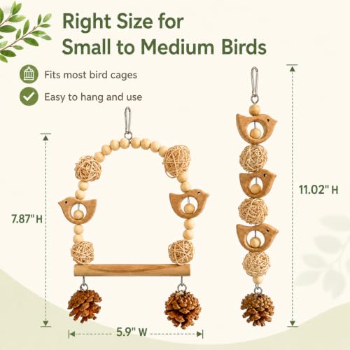 2PCS Bird Toys, Natural Wood Bird Cage Hanging Toys,Chew Shred Forage Toys for Parrots,Cockatiel,Conure,Love Birds,Parakeets,Budgie and Other Small Birds - style: Style 2