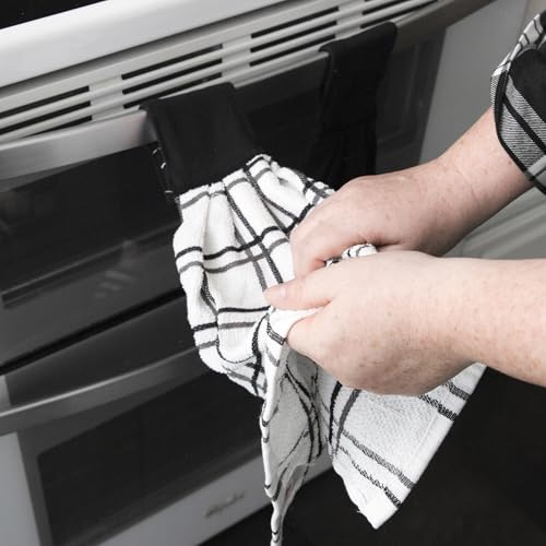 Ritz Premium 100% Cotton Solid and Multi Check Kitchen Tie Towel, Absorbent, Super Soft, and Fast Drying Hang Towel, Set of Two, Black - color: Black, size: Solid & Multi Check - 2 Piece