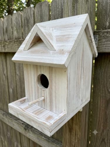Handmade Natural Cedar Wood Assembled Cottage Birdhouse, Made in America | Classic Unpainted Cabin-Style Wren and Chickadee Nesting Box, Durable Hinged Roof, Front Entrance, Includes Perch (Assembled)