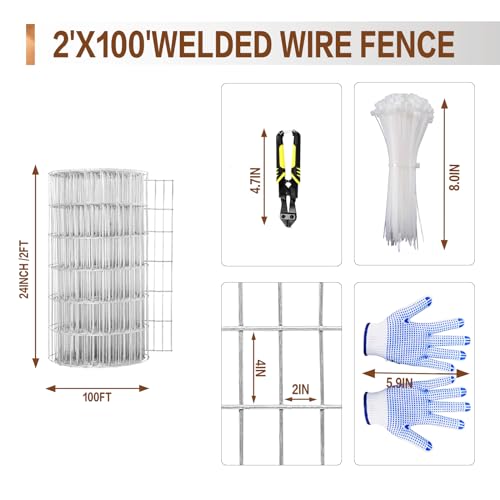 Tongmo 2 ft x 100 ft Galvanized Welded Wire Fence, 16GA Garden Chicken Wire Fence Roll, Mesh Size 2" x 4"Hardware Cloth, Ideal for Yard Protection and Poultry Netting - color: Galvanized, size: 2ft*100ft