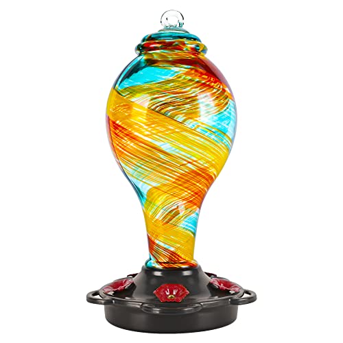 LUJII Hand Blown Glass Hummingbird Feeder for Outdoors Hanging with Ant Moat, 25 fl.oz, Leak Proof & Rustproof, Metal Base with 5 Feeding Ports & 5 Perches, Unique Garden & Backyard Decor (Ribbon) - color: Ribbon, size: Small