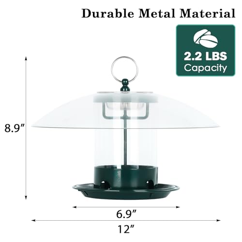 Gbekery Metal Bird Feeder for Outdoor Hanging with 12” Weatherproof Dome, Weather Resistant Wild Bird Feeder with 360 Degree Feeding Tray, Green - color: Green with Transparent Dome
