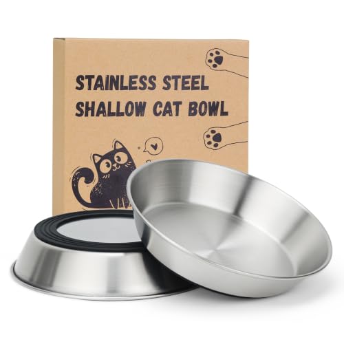 2-Pack 304 Stainless Steel Cat Food Bowls, Non-Slip Basic Dishes | Shallow Whisker-Friendly Silicone Water Metal Bowls, Easy to Clean Indoor Flat Plates for Cat, Kitten, Small Dog (5.9") - color: 2 PCS